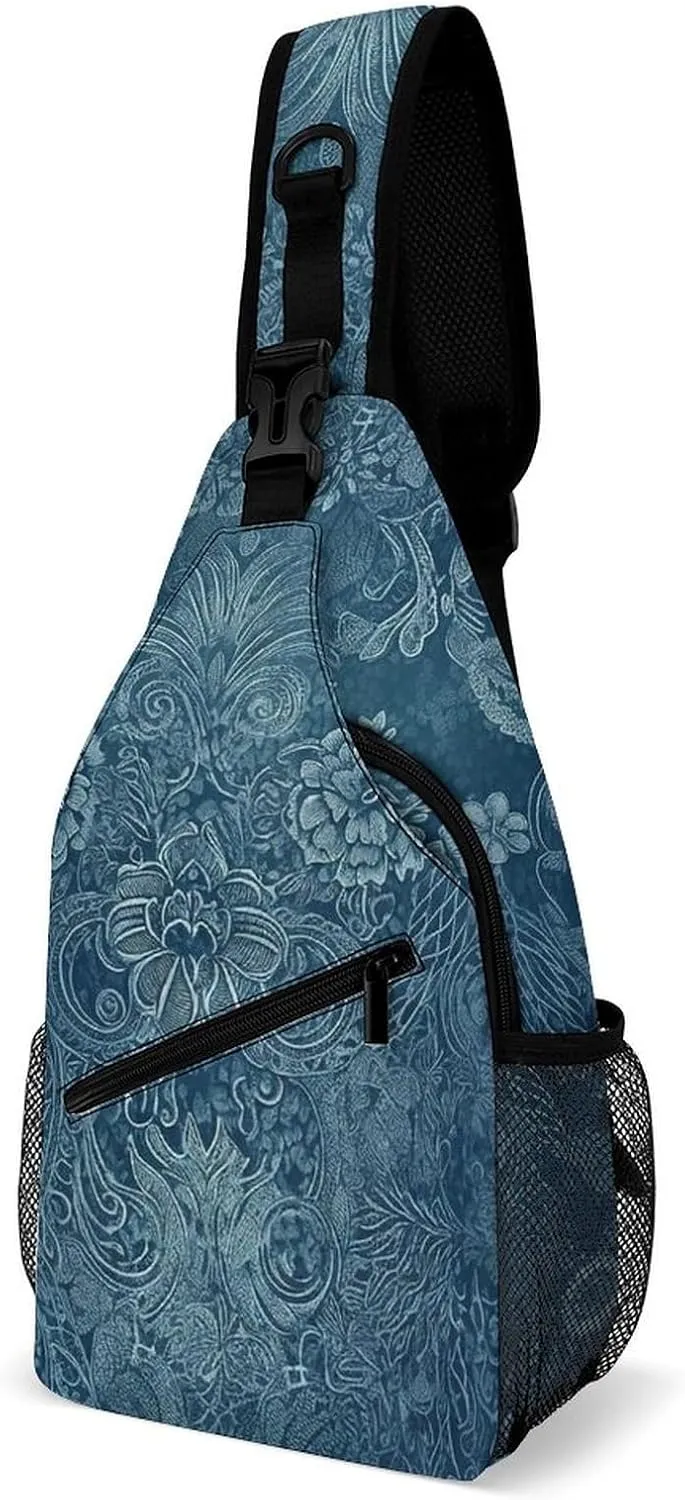 Crossbody Sling Bag Blue Floral Lace Crossbody Bags Casual Chest Bag Lightweight Fanny Packs Sling Purses with Adjustable Shoulder Strap for Travel Sport Running Hiking