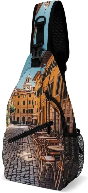 Crossbody Sling Bag Old Courtyard Cafe Chair City Rome Italy Crossbody Bags Casual Chest Bag Lightweight Fanny Packs Sling Purses with Adjustable Shoulder Strap for Travel Sport Running Hiking