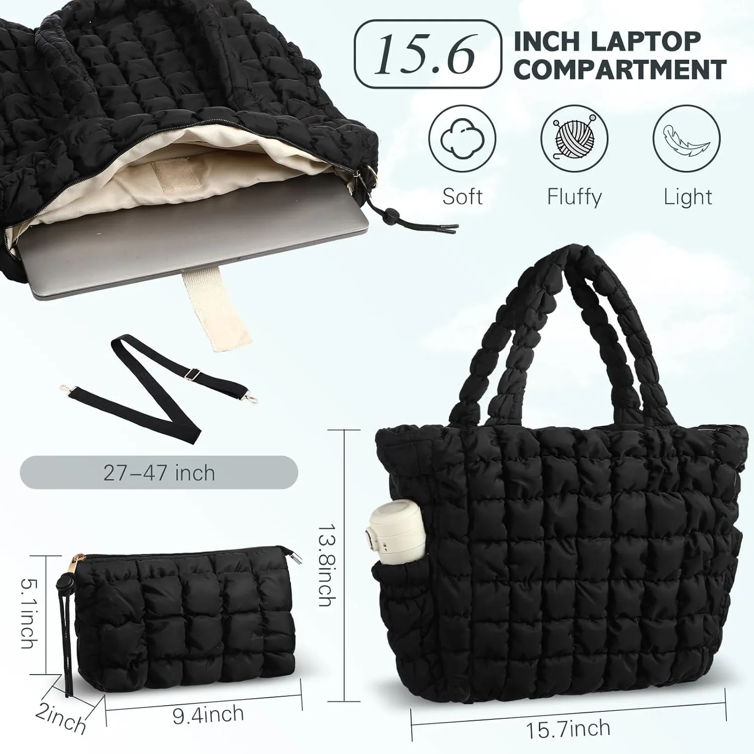 Cunno Quilted Puffer Tote Laptop Bag with Small Storage Bag for Women Quilted Light Work Puffy Tote