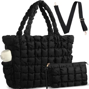 Cunno Quilted Puffer Tote Laptop Bag with Small Storage Bag for Women Quilted Light Work Puffy Tote