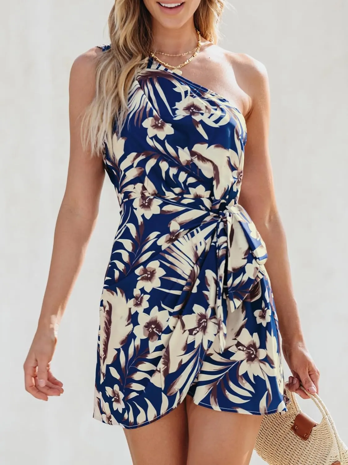 CUPSHE Women's One Shoulder Leaf Print Self-tie Short Dress Sleeveless Tiered Hem Formal Dress Casual Mini Dress