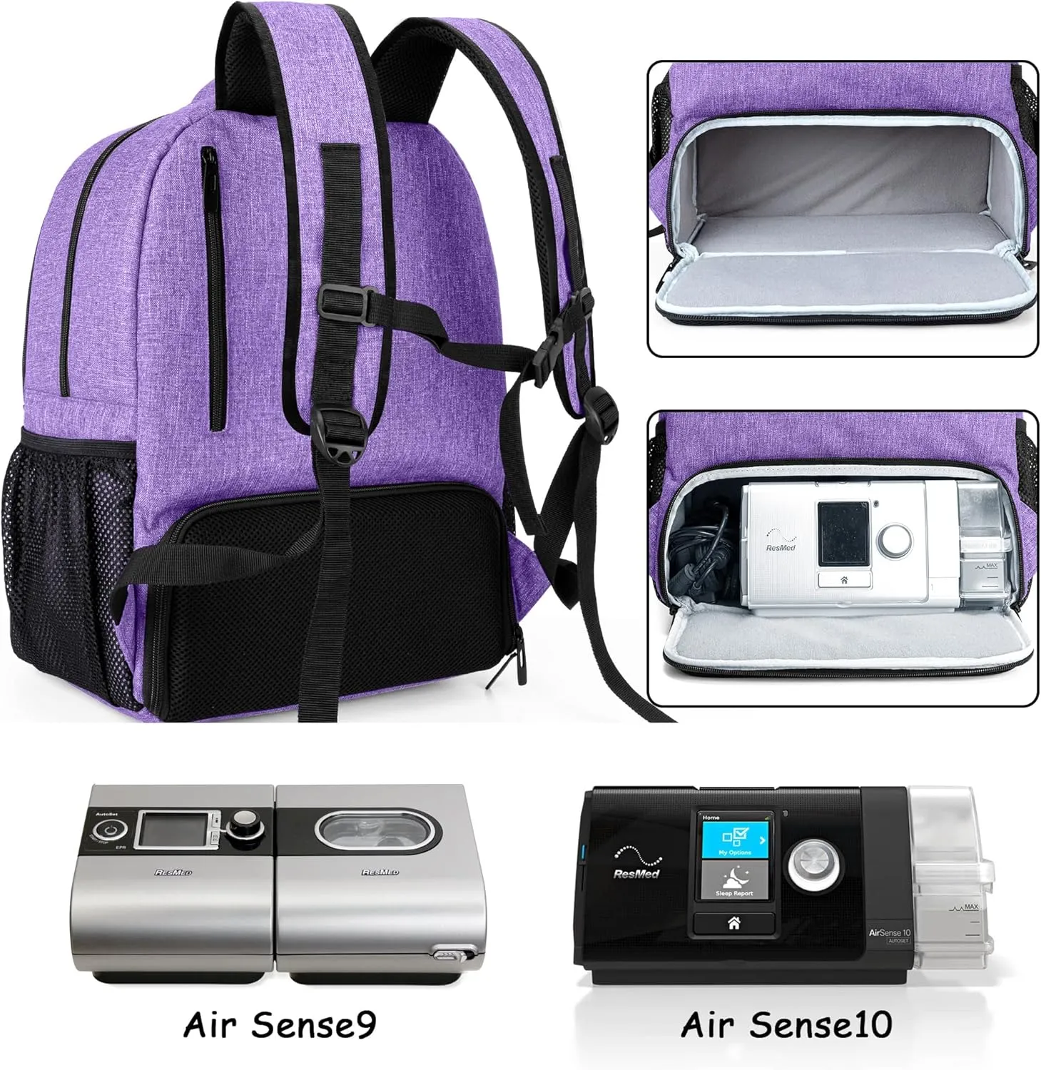 CURMIO CPAP Travel Backpack - Compatible with ResMed AirSense 9/10/11 & Philips System One - Purple, Patent Design