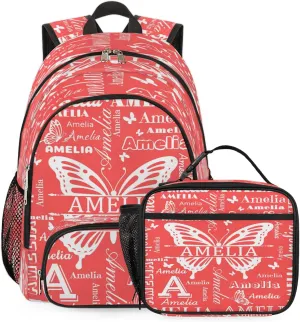 Custom Backpacks with Lunch Bag Set for Women Men, Personalized Name Backpack and Portable Lunch Box, Lightweight Coral Red Butterfly BackPack