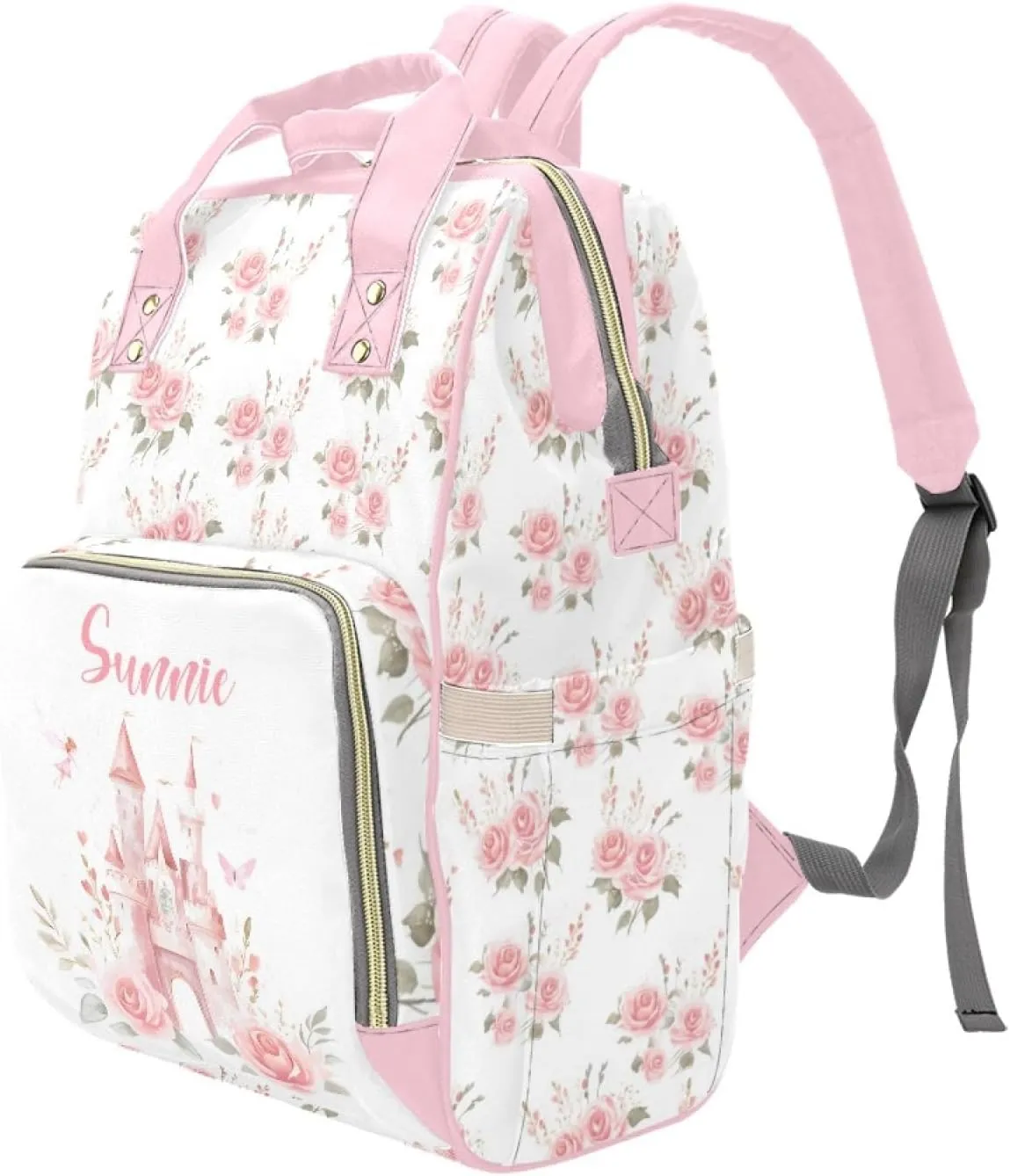Custom Diaper Bag Backpack for Women, Personalized Name Nursing Mommy Daypack, Diaper Bag for Girls Boys, New Mom Gifts (Castle Pink)