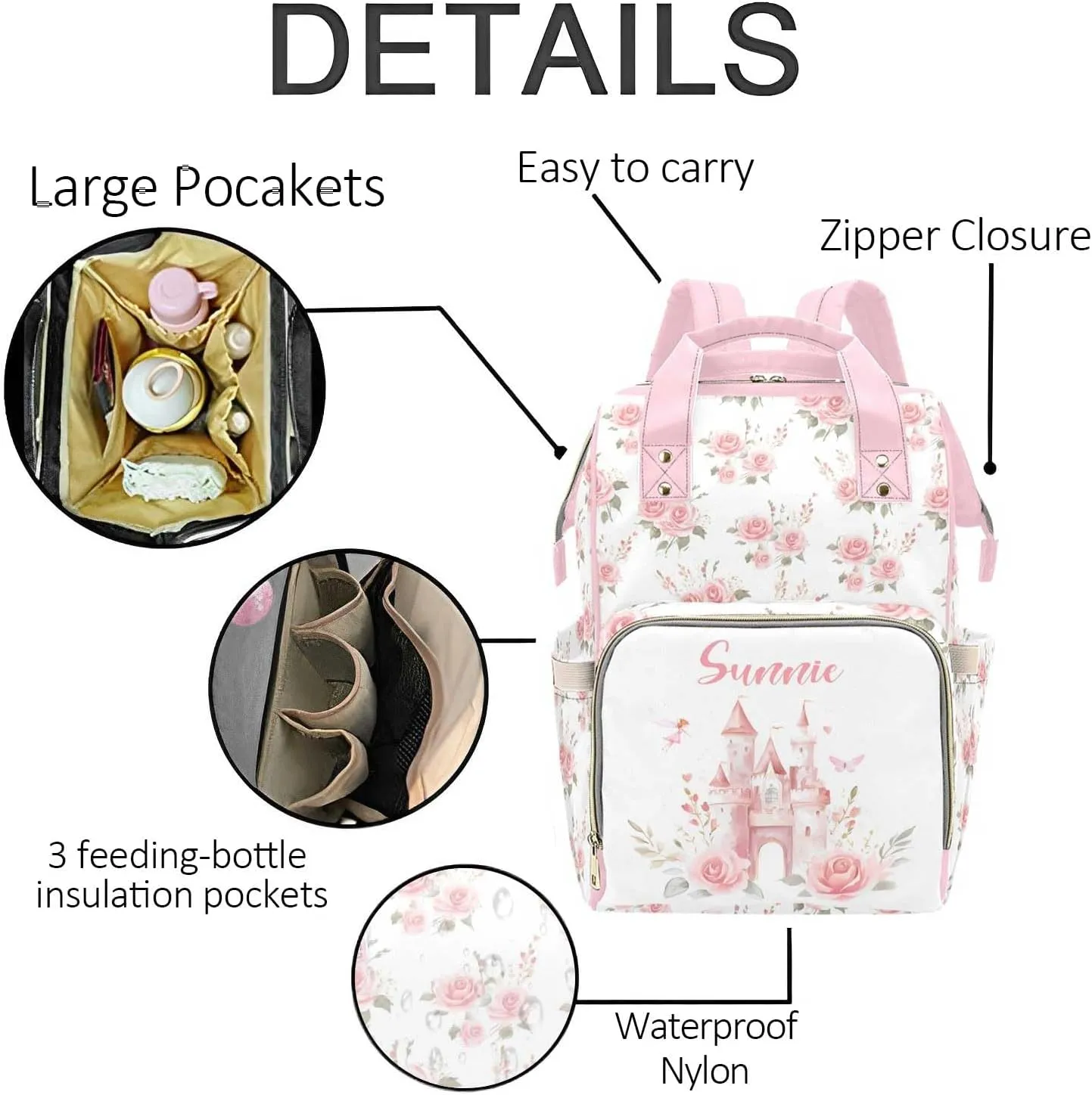 Custom Diaper Bag Backpack for Women, Personalized Name Nursing Mommy Daypack, Diaper Bag for Girls Boys, New Mom Gifts (Castle Pink)