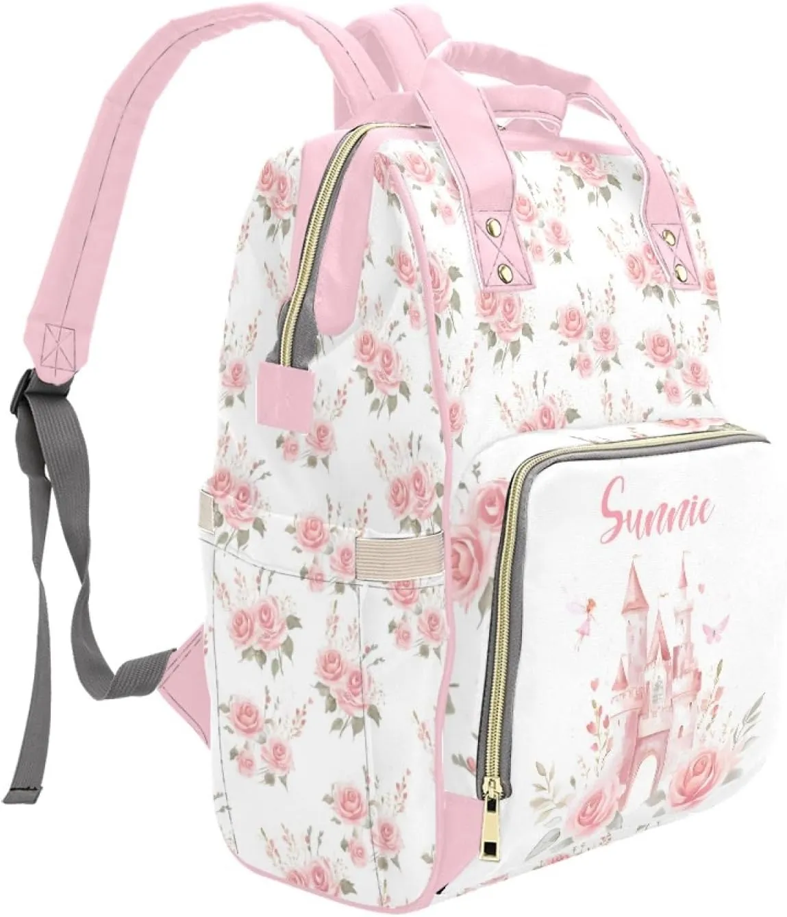 Custom Diaper Bag Backpack for Women, Personalized Name Nursing Mommy Daypack, Diaper Bag for Girls Boys, New Mom Gifts (Castle Pink)