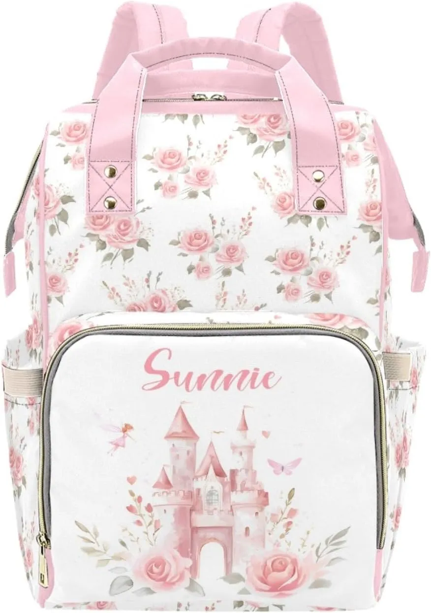 Custom Diaper Bag Backpack for Women, Personalized Name Nursing Mommy Daypack, Diaper Bag for Girls Boys, New Mom Gifts (Castle Pink)