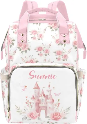 Custom Diaper Bag Backpack for Women, Personalized Name Nursing Mommy Daypack, Diaper Bag for Girls Boys, New Mom Gifts (Castle Pink)