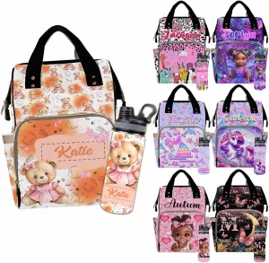 Custom Diaper Bag for Girls Personalized Diaper Bag Backpack &Insulated Water Bottle with Name Custom Monogram Baby Travel Bag Nursing Diaper Mommy Backpack with Adjustable Shoulder Straps Nappy Bag