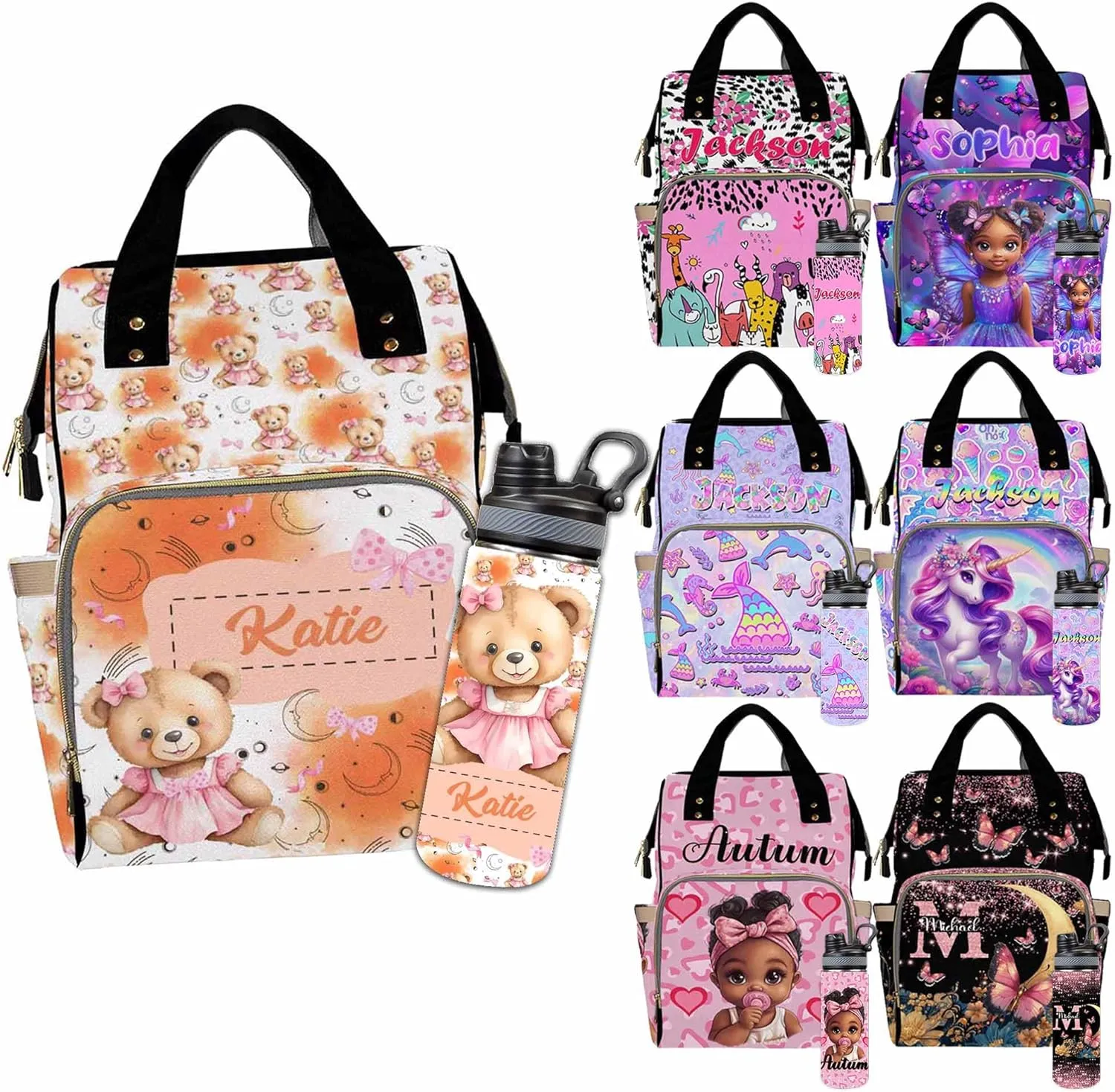Custom Diaper Bag for Girls Personalized Diaper Bag Backpack &Insulated Water Bottle with Name Custom Monogram Baby Travel Bag Nursing Diaper Mommy Backpack with Adjustable Shoulder Straps Nappy Bag