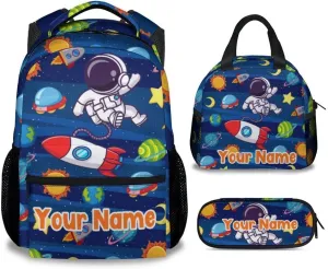 Custom Kids Backpack School Bookbags, Planet Backpack for Boys, 17 Inch School Backpacks for Primary Elementary, Cute Bookbag with Lunch Box and Pencil Case