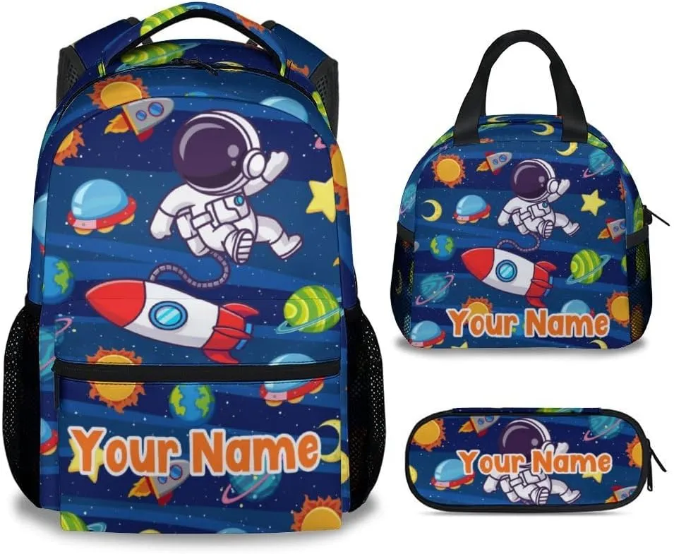Custom Kids Backpack School Bookbags, Planet Backpack for Boys, 17 Inch School Backpacks for Primary Elementary, Cute Bookbag with Lunch Box and Pencil Case