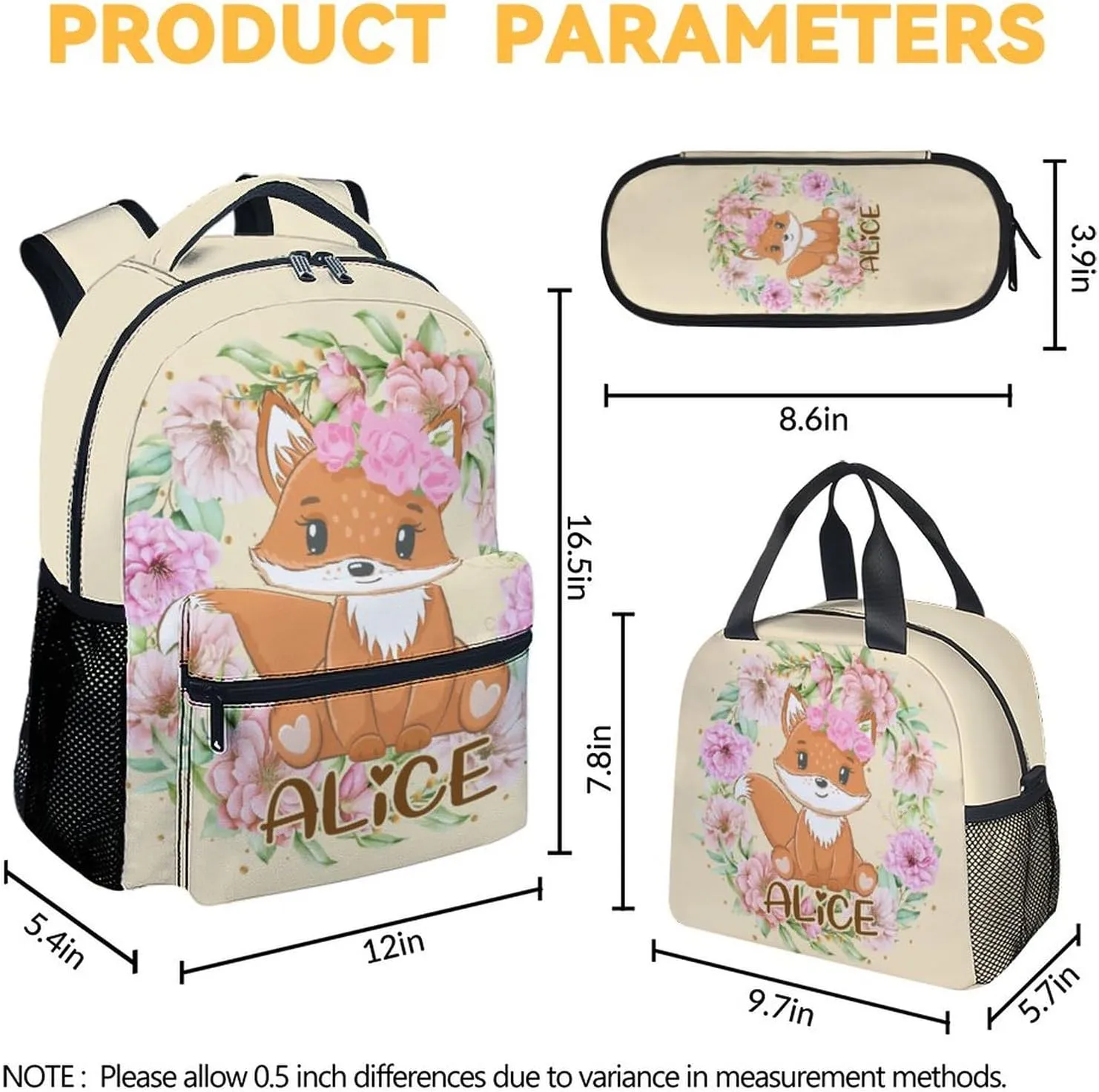 Custom Kids Girls Backpack with Lunch Box Set, Set of 3 Fox School Backpacks Matching Combo, Personalized Fashion Beige Bookbag and Pencil Pouch Bundle