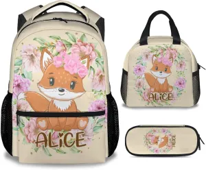 Custom Kids Girls Backpack with Lunch Box Set, Set of 3 Fox School Backpacks Matching Combo, Personalized Fashion Beige Bookbag and Pencil Pouch Bundle