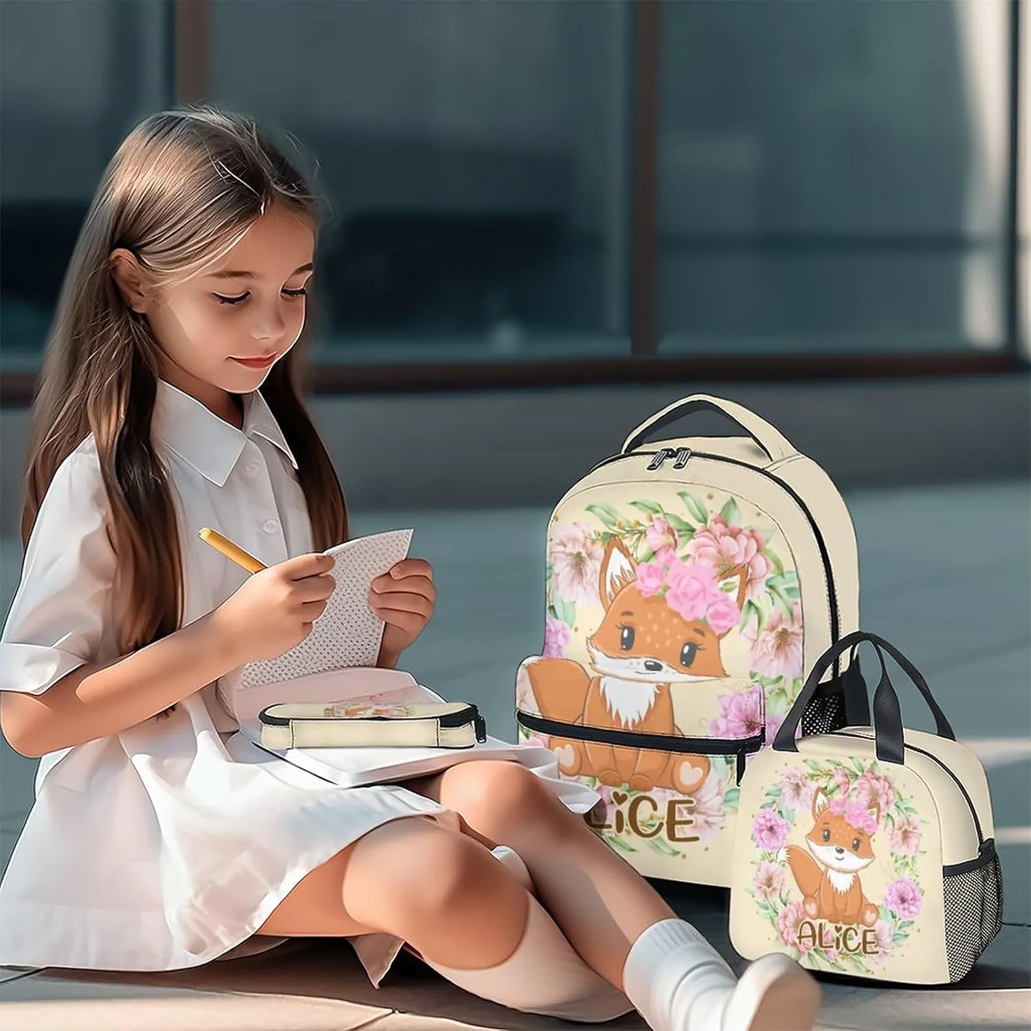Custom Kids Girls Backpack with Lunch Box Set, Set of 3 Fox School Backpacks Matching Combo, Personalized Fashion Beige Bookbag and Pencil Pouch Bundle