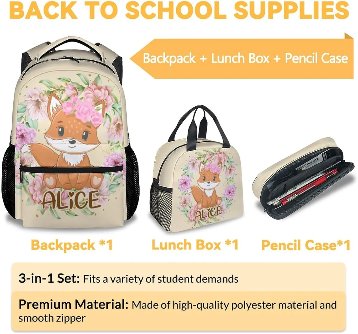 Custom Kids Girls Backpack with Lunch Box Set, Set of 3 Fox School Backpacks Matching Combo, Personalized Fashion Beige Bookbag and Pencil Pouch Bundle