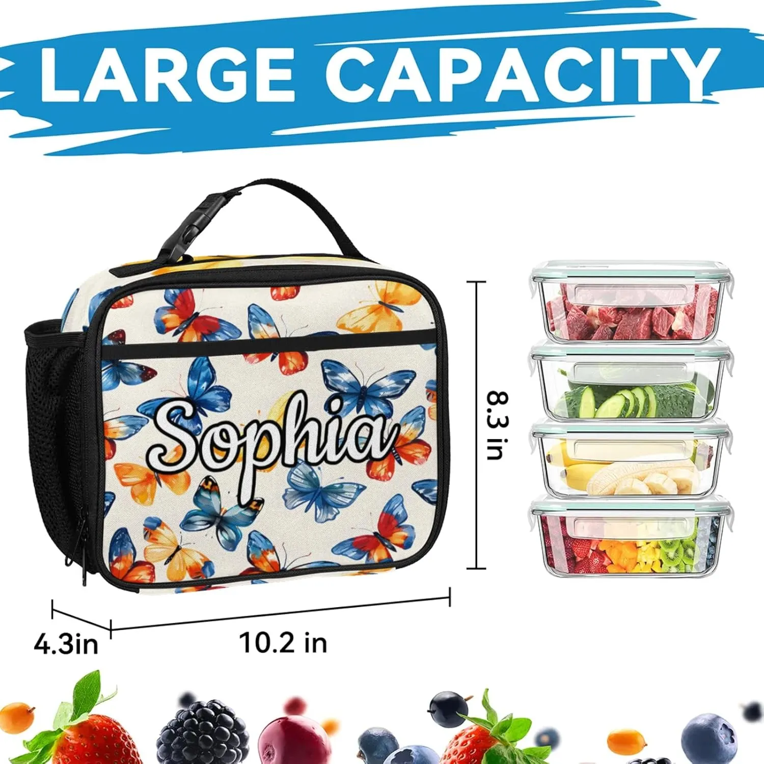 Custom Name Backpack with Lunch Box Set, Butterfly Personalized Backpacks and Lunch Bag Shoulder Bag Daypack, Customized Gifts with Watercolor Butterfly