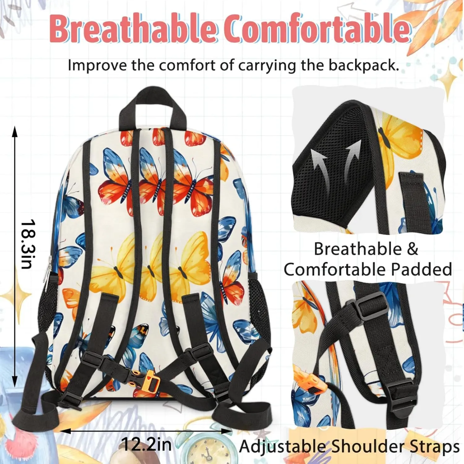 Custom Name Backpack with Lunch Box Set, Butterfly Personalized Backpacks and Lunch Bag Shoulder Bag Daypack, Customized Gifts with Watercolor Butterfly