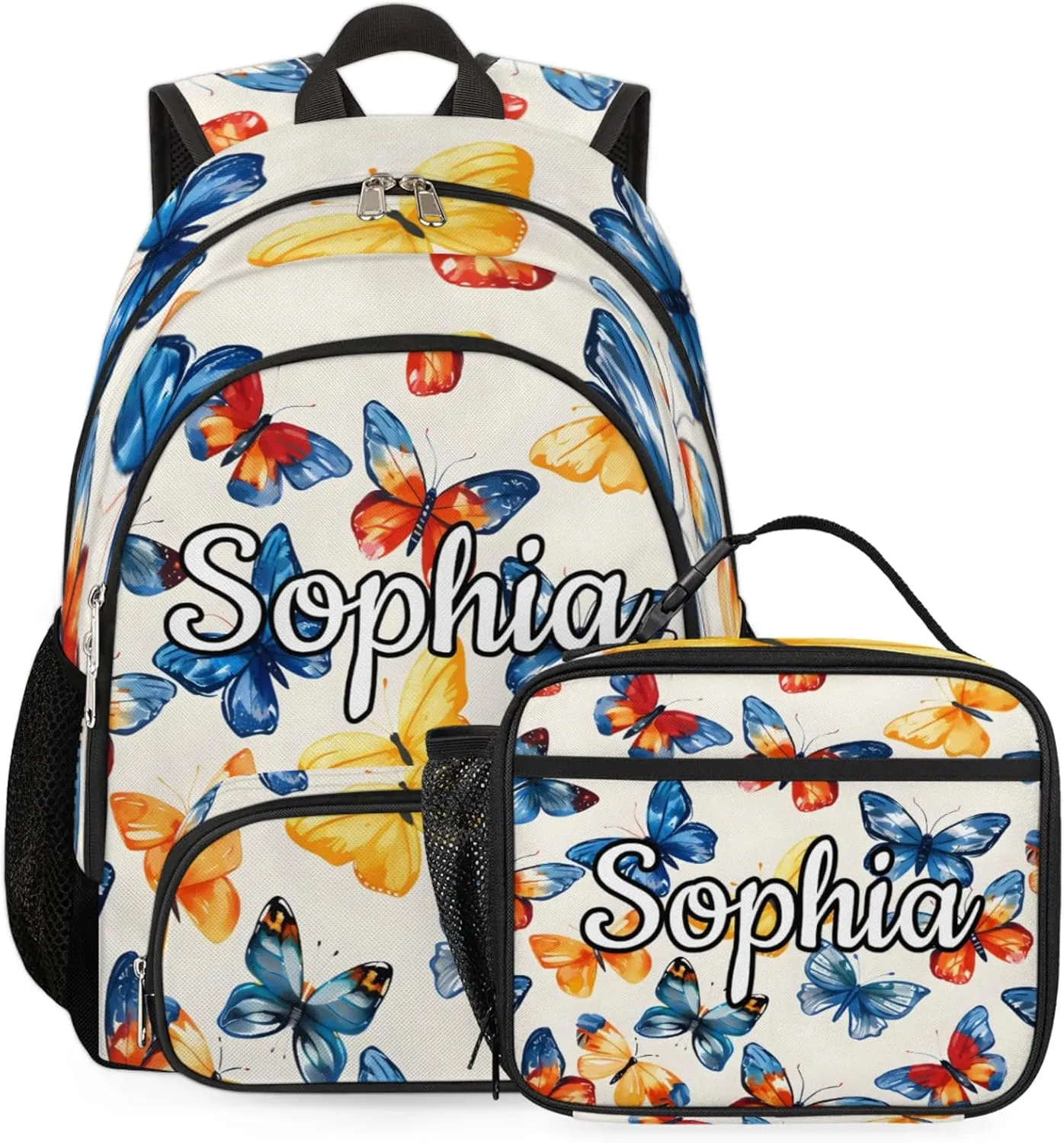Custom Name Backpack with Lunch Box Set, Butterfly Personalized Backpacks and Lunch Bag Shoulder Bag Daypack, Customized Gifts with Watercolor Butterfly