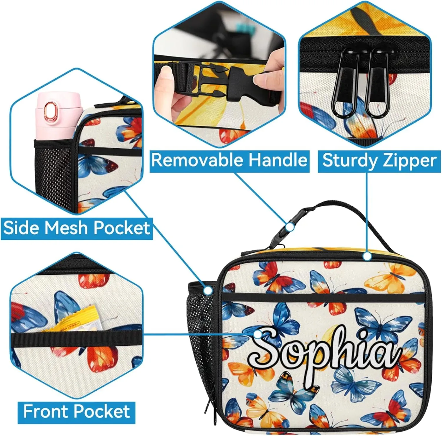 Custom Name Backpack with Lunch Box Set, Butterfly Personalized Backpacks and Lunch Bag Shoulder Bag Daypack, Customized Gifts with Watercolor Butterfly