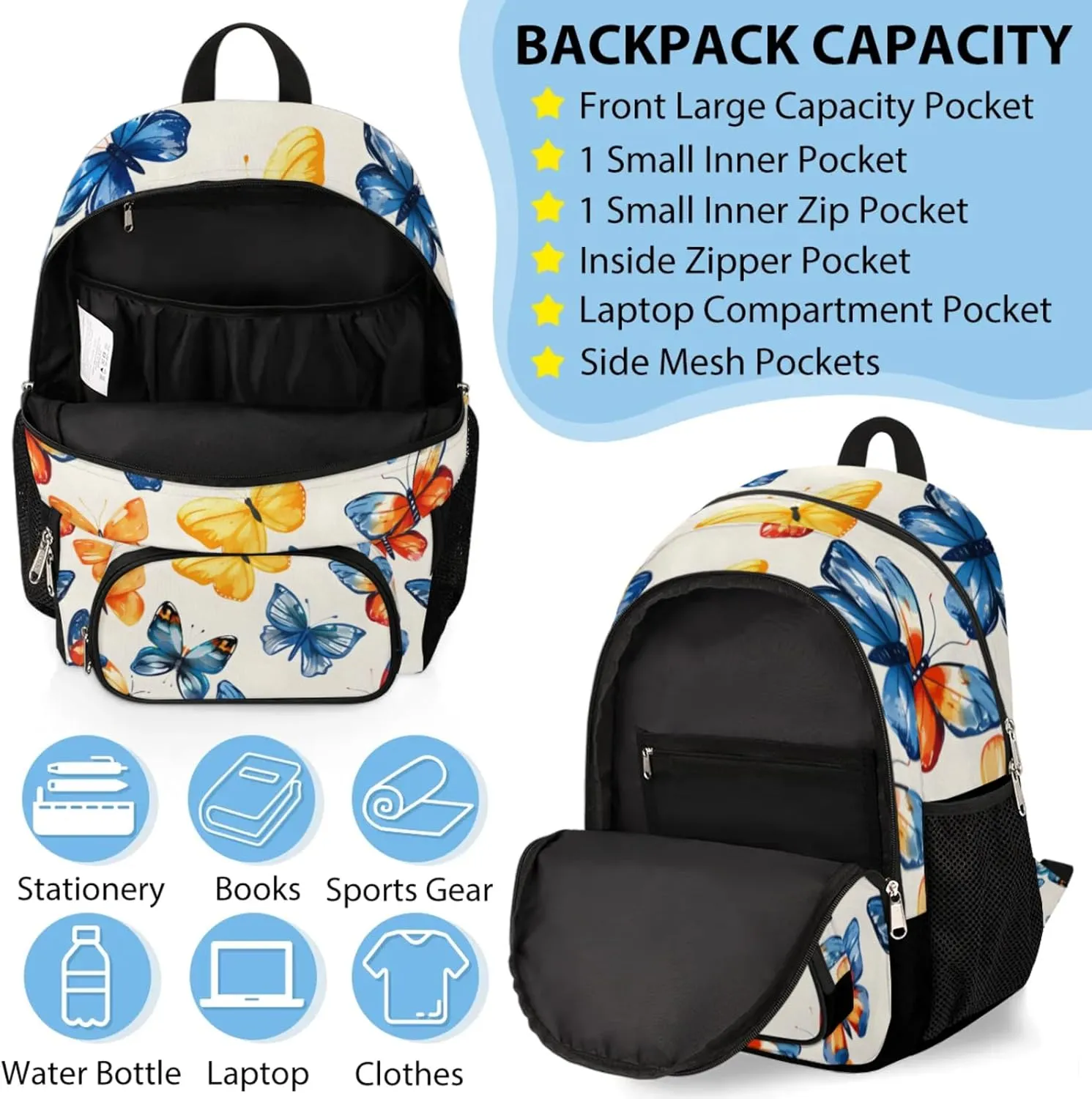 Custom Name Backpack with Lunch Box Set, Butterfly Personalized Backpacks and Lunch Bag Shoulder Bag Daypack, Customized Gifts with Watercolor Butterfly