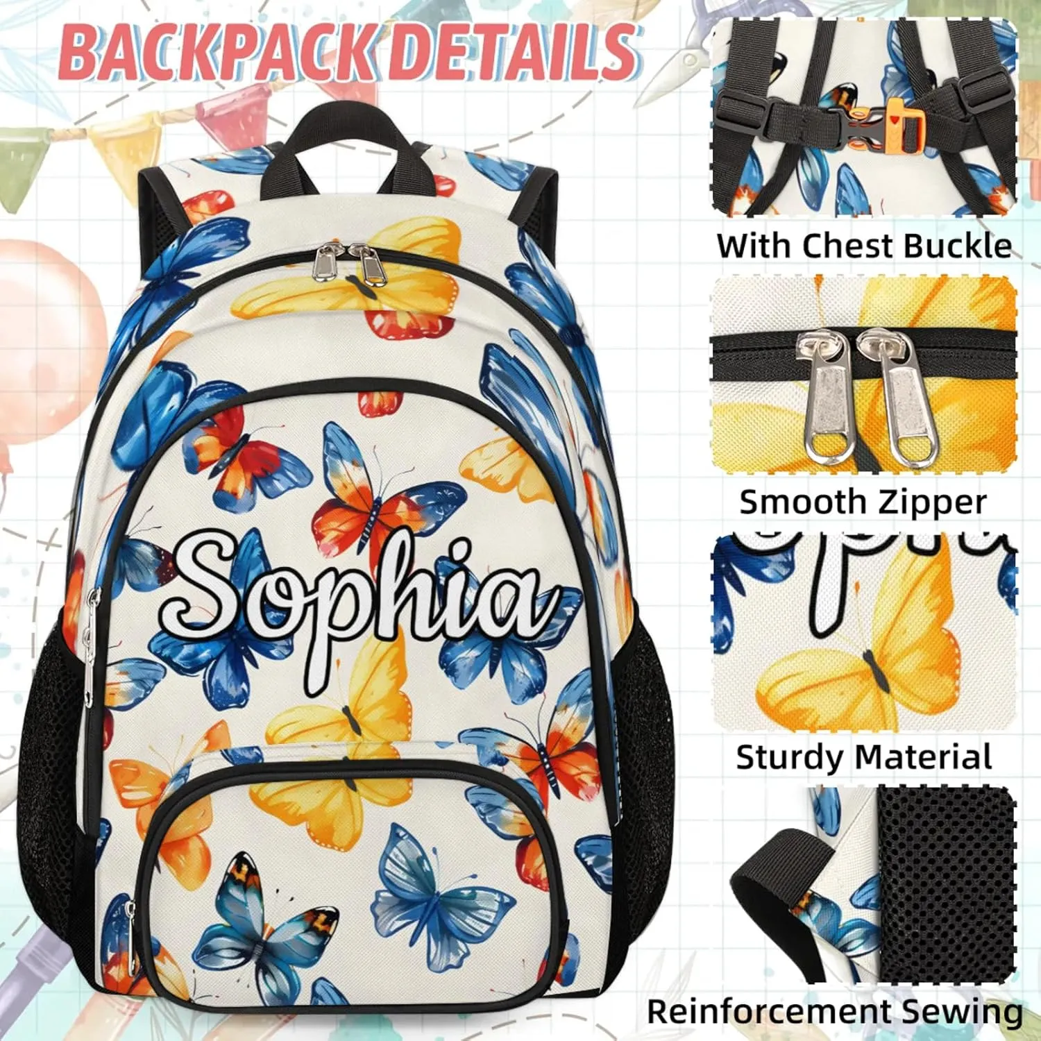 Custom Name Backpack with Lunch Box Set, Butterfly Personalized Backpacks and Lunch Bag Shoulder Bag Daypack, Customized Gifts with Watercolor Butterfly