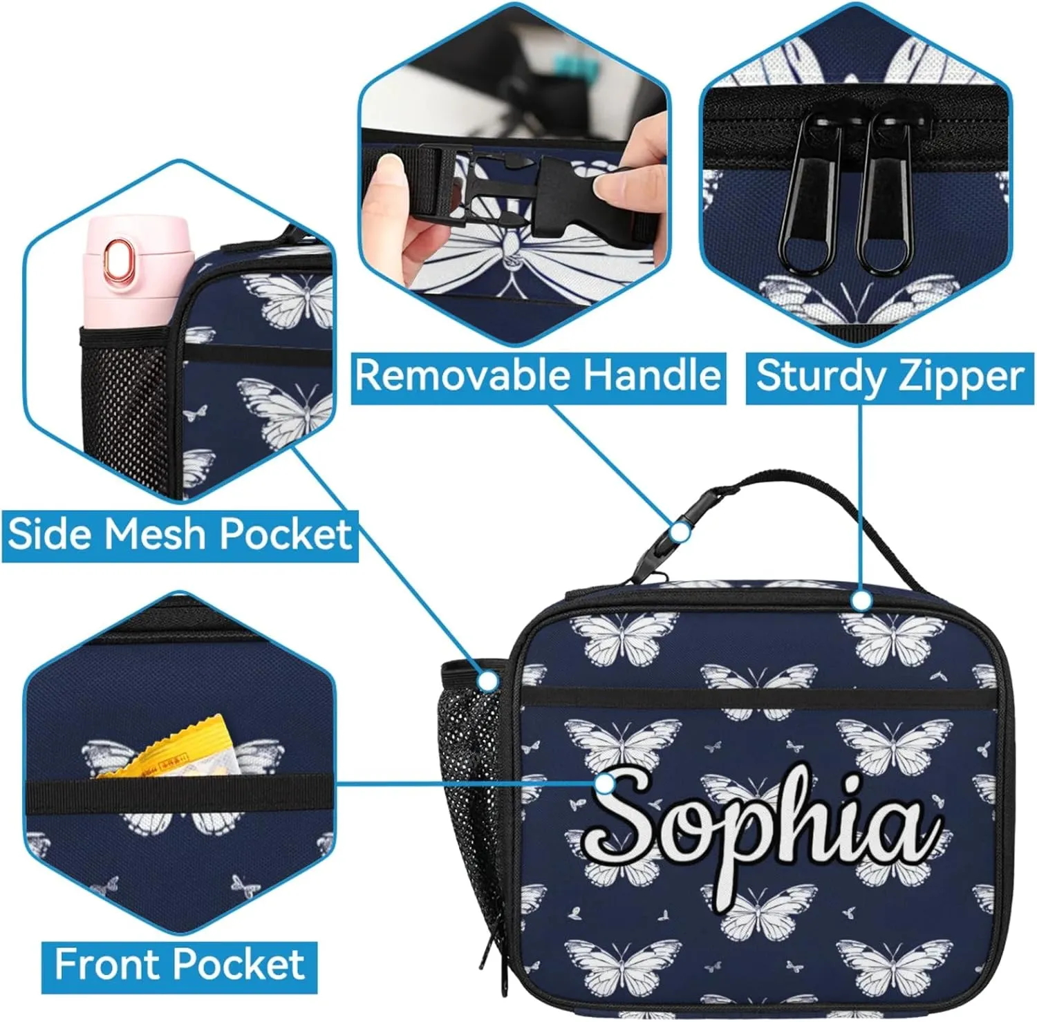 Custom Name Backpack with Lunch Box Set, Flying Butterflies Personalized Backpacks and Lunch Bag Shoulder Bag Daypack, Customized Gifts with Butterfly