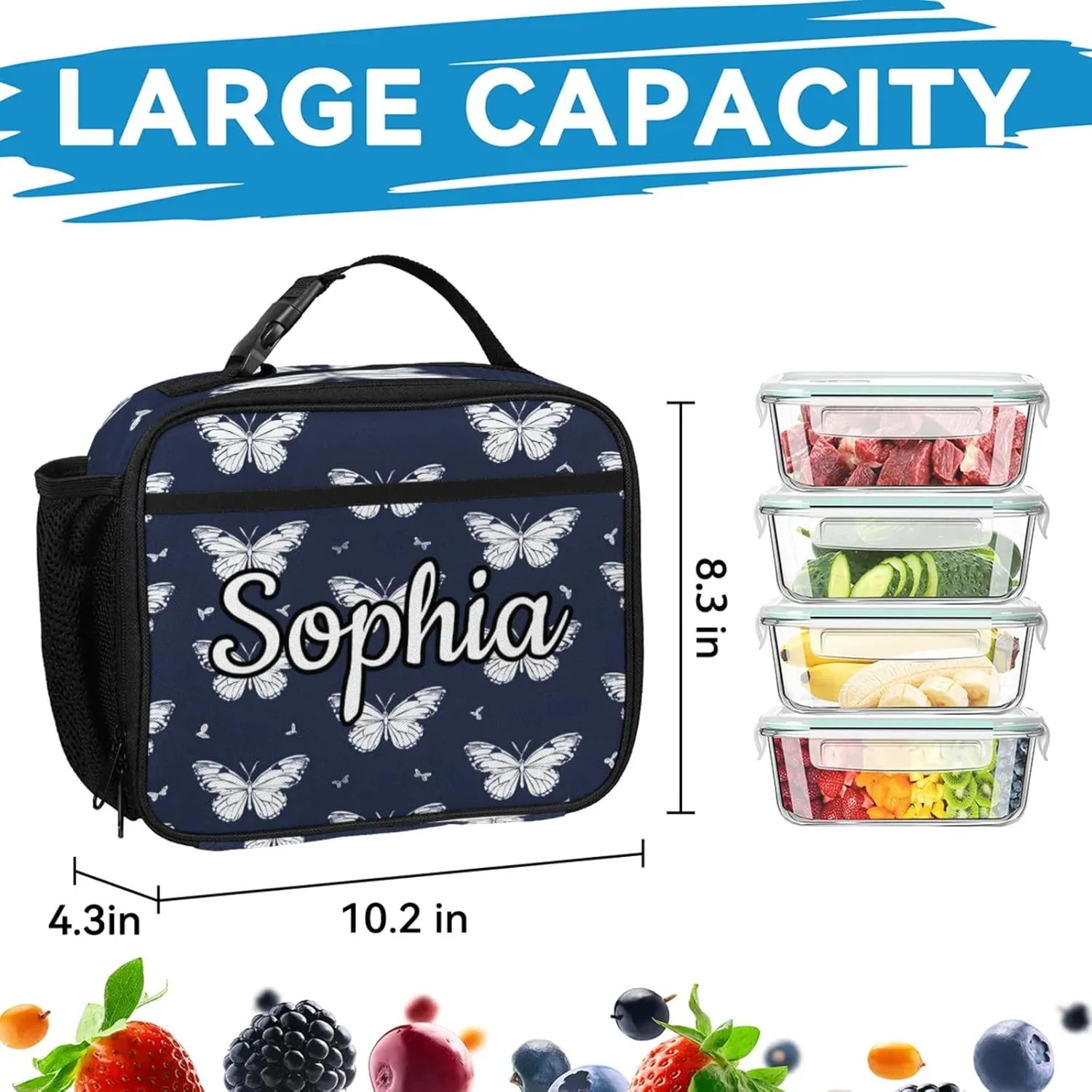Custom Name Backpack with Lunch Box Set, Flying Butterflies Personalized Backpacks and Lunch Bag Shoulder Bag Daypack, Customized Gifts with Butterfly