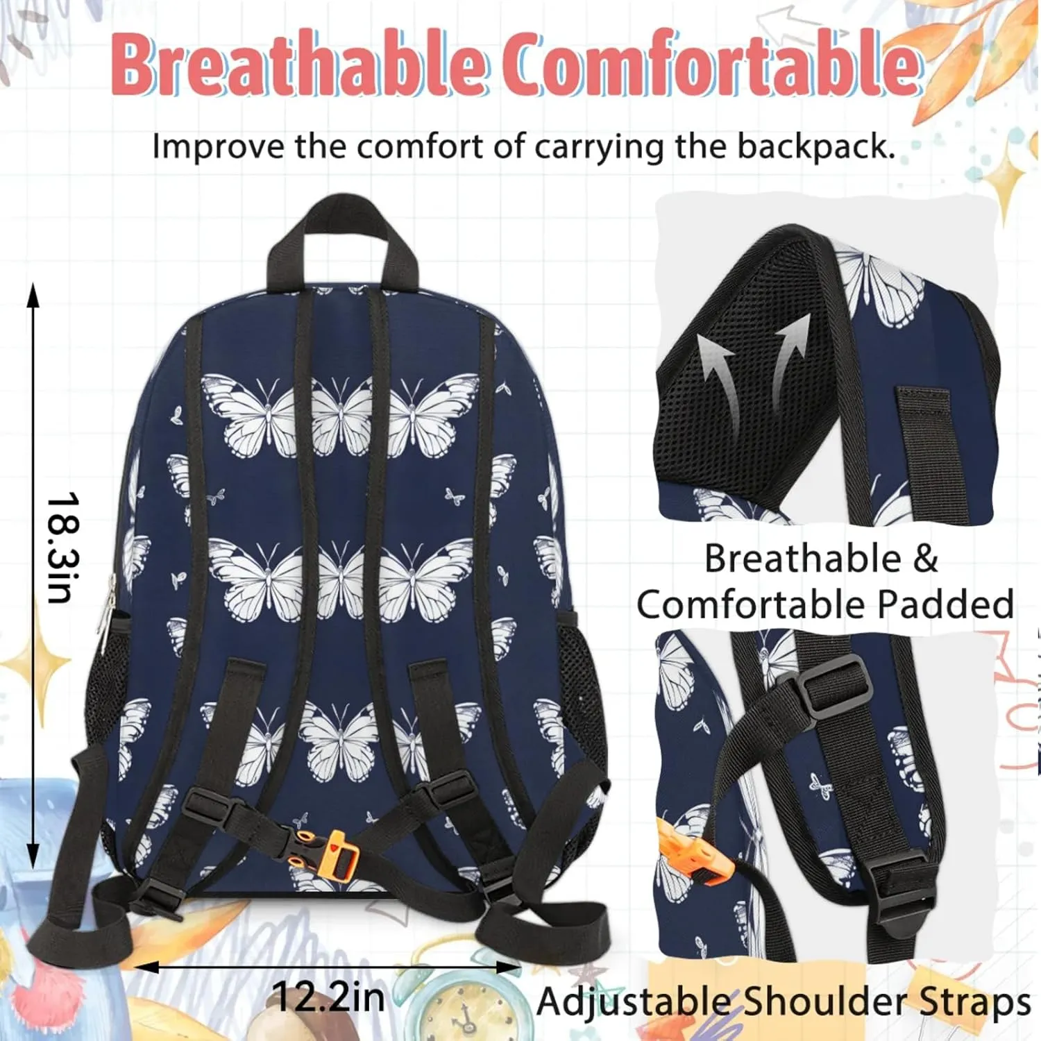 Custom Name Backpack with Lunch Box Set, Flying Butterflies Personalized Backpacks and Lunch Bag Shoulder Bag Daypack, Customized Gifts with Butterfly