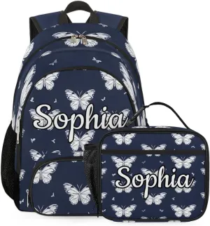 Custom Name Backpack with Lunch Box Set, Flying Butterflies Personalized Backpacks and Lunch Bag Shoulder Bag Daypack, Customized Gifts with Butterfly