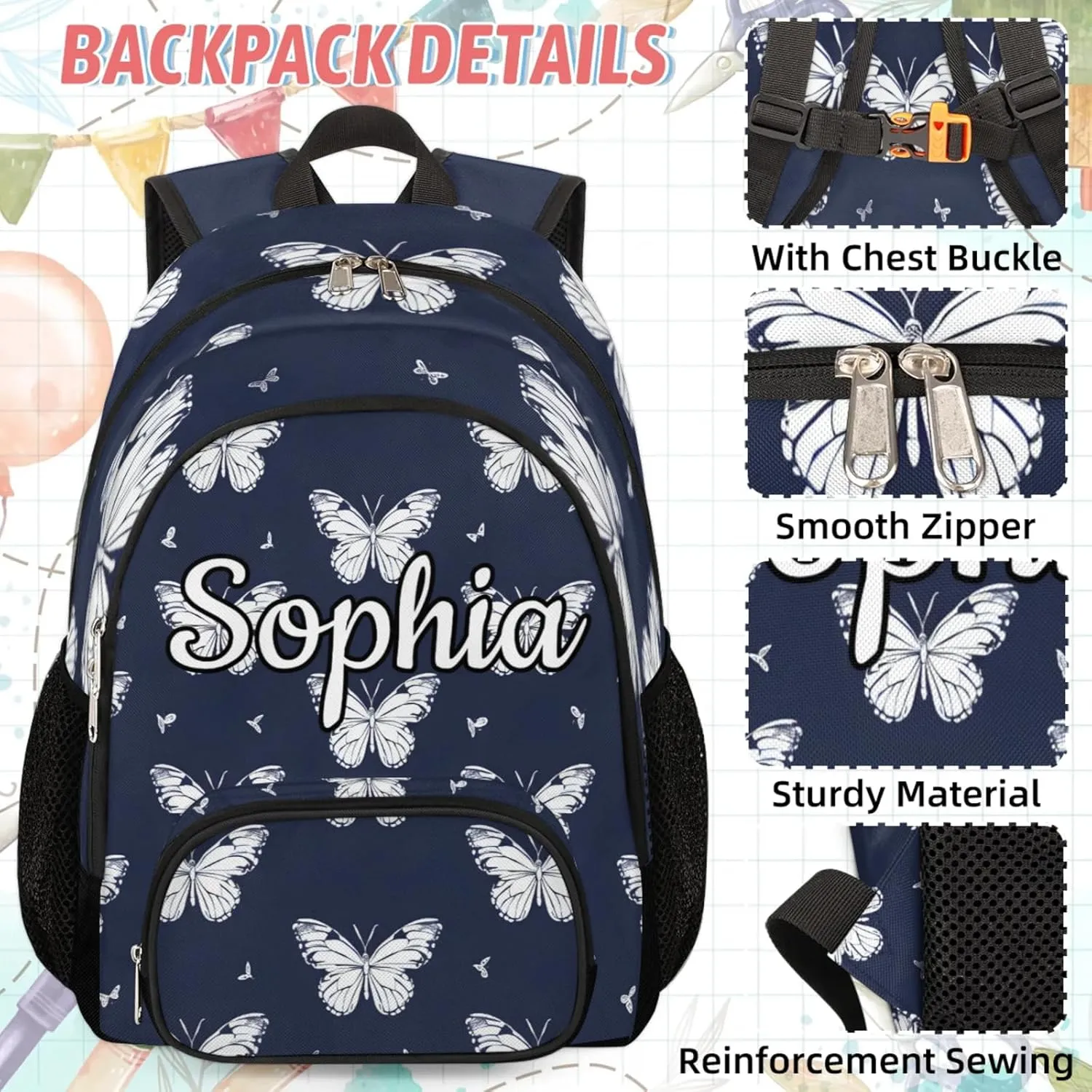 Custom Name Backpack with Lunch Box Set, Flying Butterflies Personalized Backpacks and Lunch Bag Shoulder Bag Daypack, Customized Gifts with Butterfly