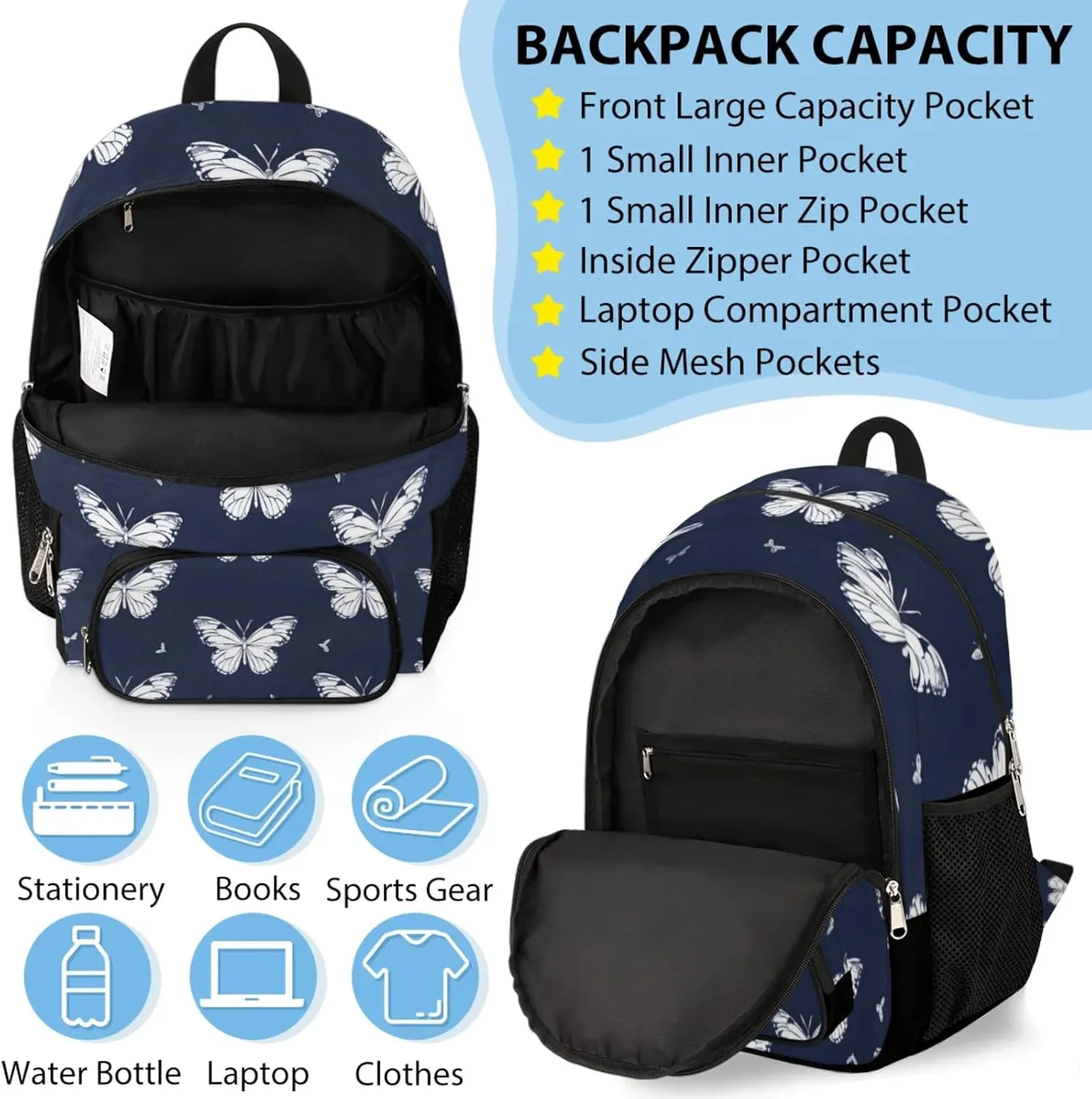 Custom Name Backpack with Lunch Box Set, Flying Butterflies Personalized Backpacks and Lunch Bag Shoulder Bag Daypack, Customized Gifts with Butterfly