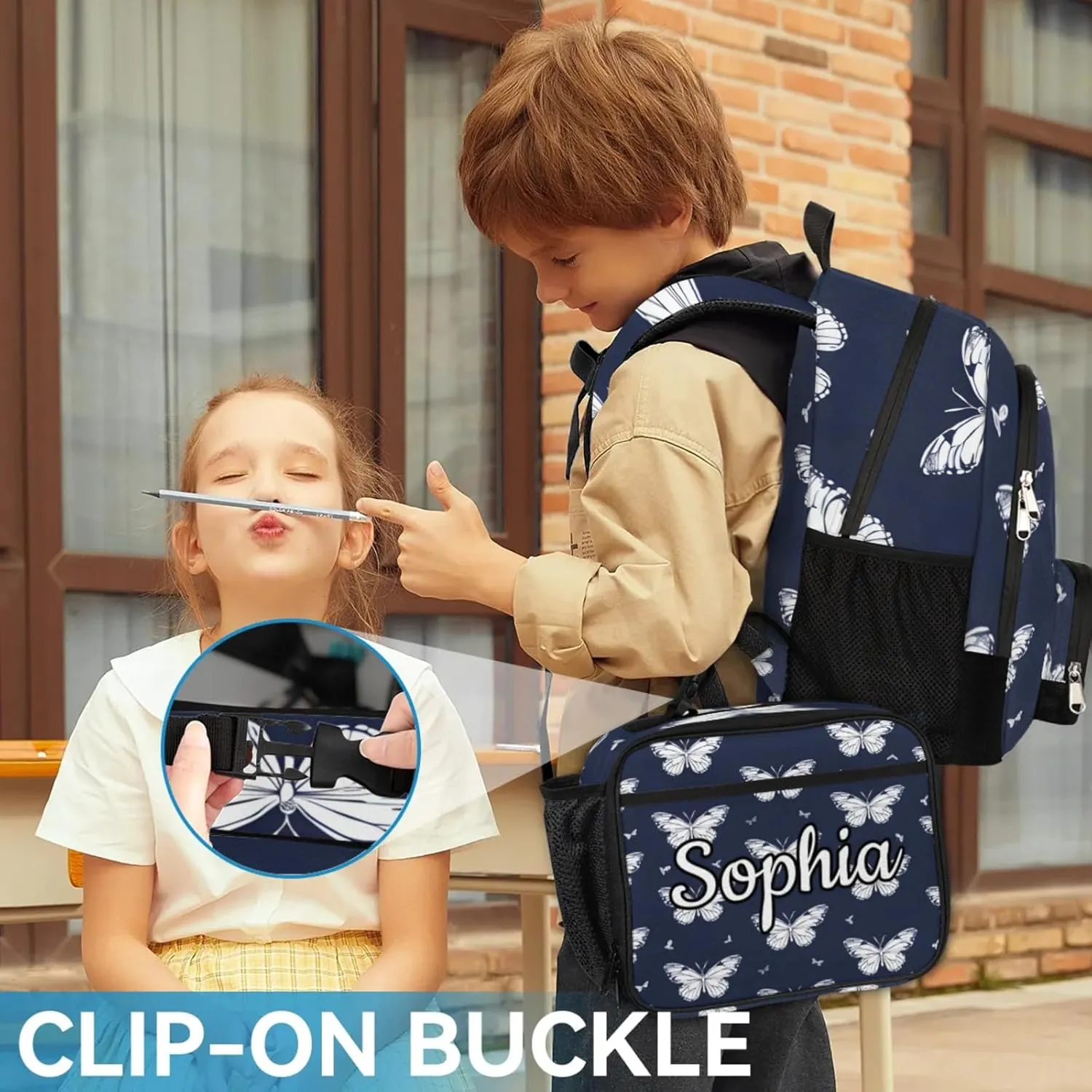 Custom Name Backpack with Lunch Box Set, Flying Butterflies Personalized Backpacks and Lunch Bag Shoulder Bag Daypack, Customized Gifts with Butterfly