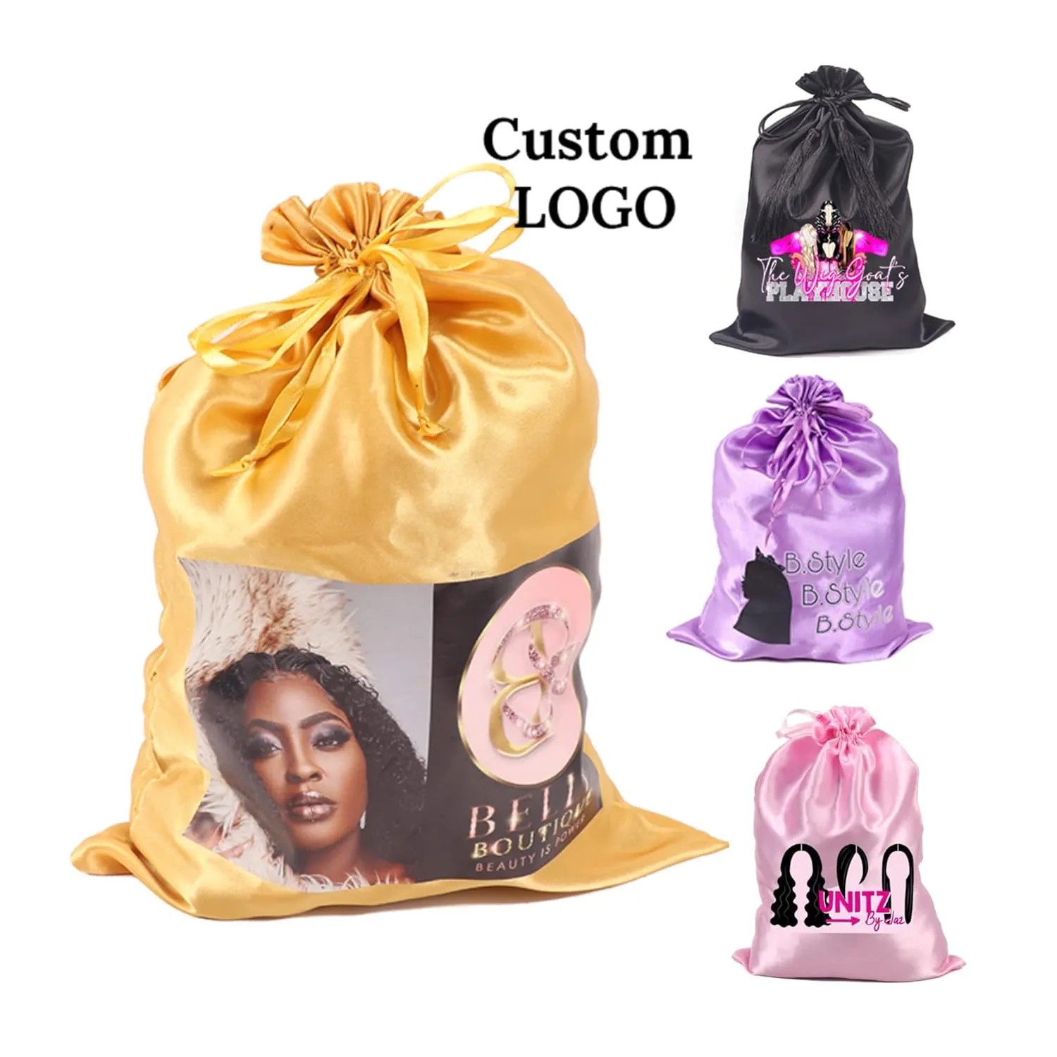 Custom Printed Wig Storage Satin Bags with Drawstring, 20-100 Pcs/Lot Personalized Logo Silk Hair Bag For Hair Bundles Headband Wig Lace Wig, Pouches Gift Cosmetic Bags (20Pcs/Lot, Red)