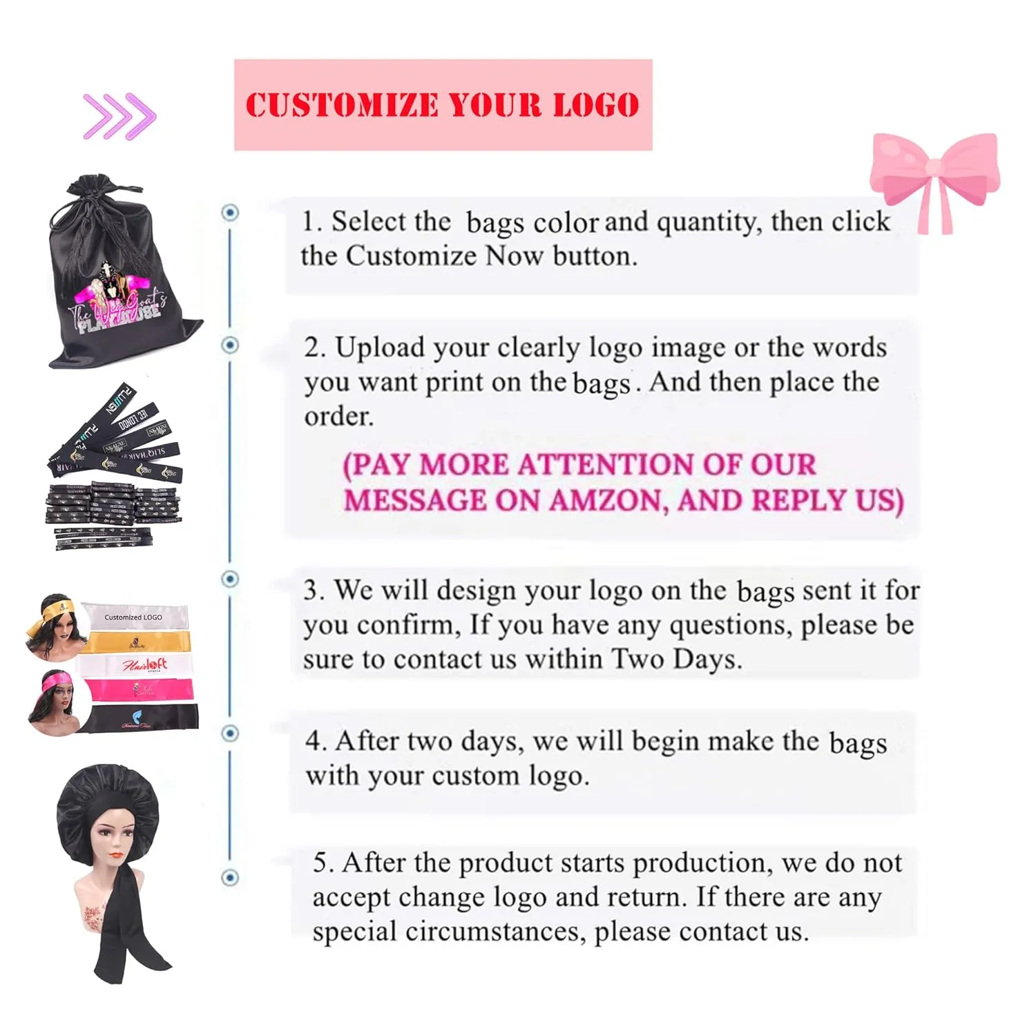 Custom Printed Wig Storage Satin Bags with Drawstring, 20-100 Pcs/Lot Personalized Logo Silk Hair Bag For Hair Bundles Headband Wig Lace Wig, Pouches Gift Cosmetic Bags (20Pcs/Lot, Red)