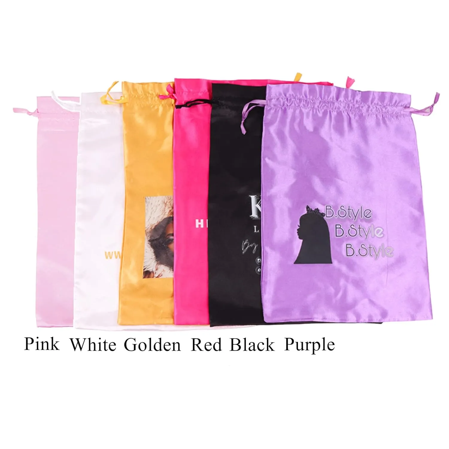 Custom Printed Wig Storage Satin Bags with Drawstring, 20-100 Pcs/Lot Personalized Logo Silk Hair Bag For Hair Bundles Headband Wig Lace Wig, Pouches Gift Cosmetic Bags (20Pcs/Lot, Red)