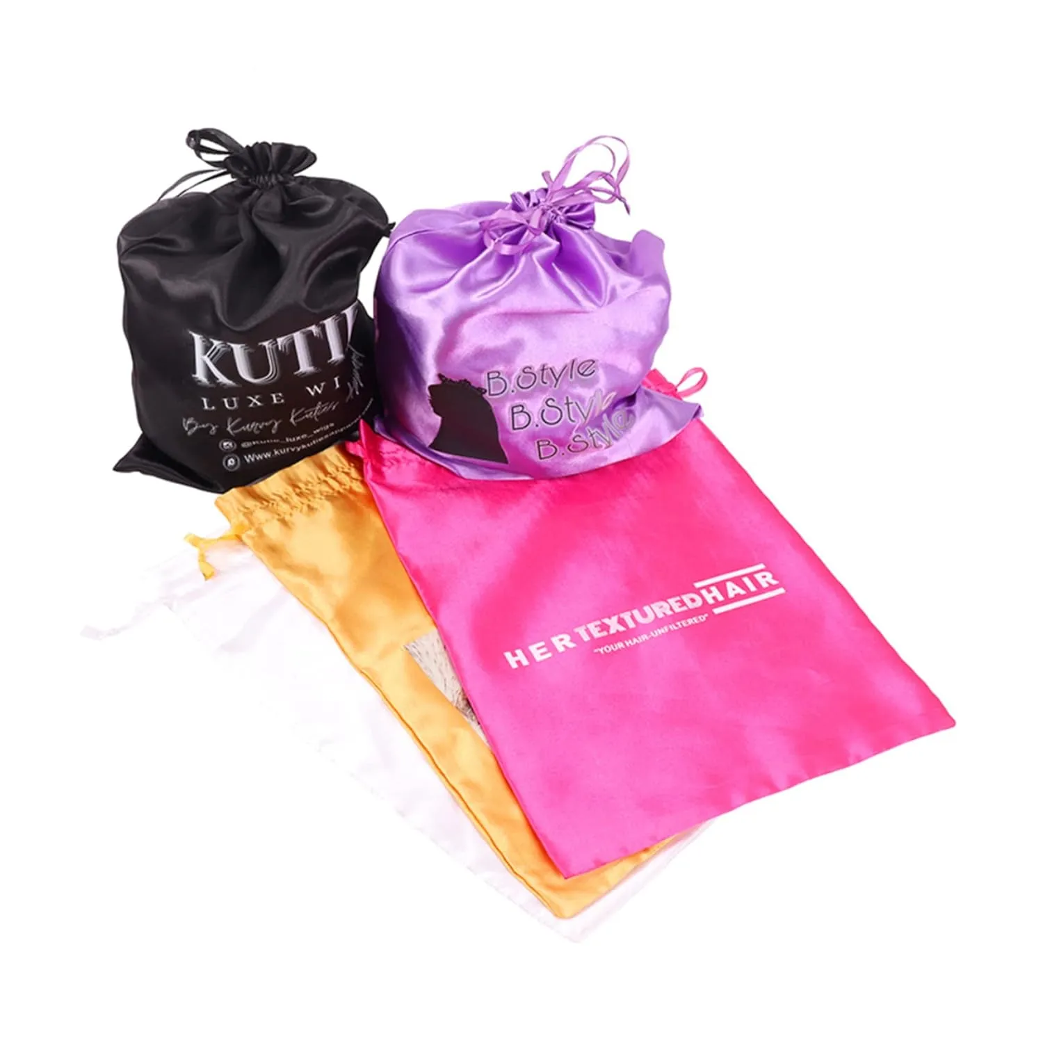Custom Printed Wig Storage Satin Bags with Drawstring, 20-100 Pcs/Lot Personalized Logo Silk Hair Bag For Hair Bundles Headband Wig Lace Wig, Pouches Gift Cosmetic Bags (20Pcs/Lot, Red)