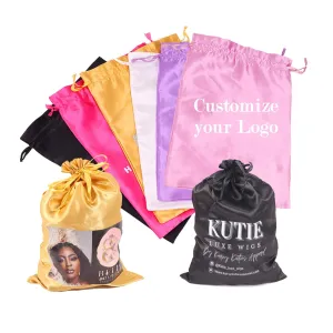 Custom Printed Wig Storage Satin Bags with Drawstring, 20-100 Pcs/Lot Personalized Logo Silk Hair Bag For Hair Bundles Headband Wig Lace Wig, Pouches Gift Cosmetic Bags (20Pcs/Lot, Red)