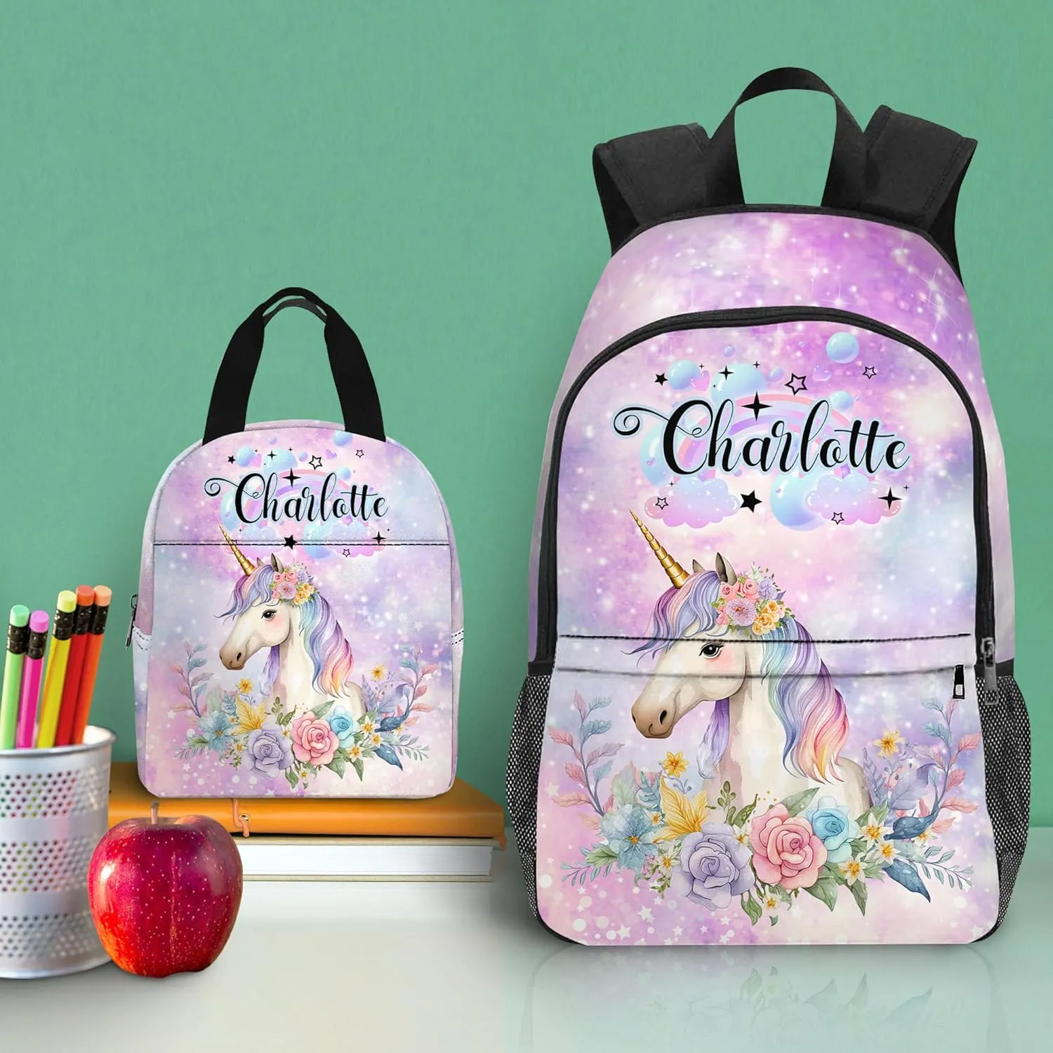 Custom School Backpack for Girls Boys Personalized Backpacks with Name Customized School Bookbag for Kids with Lunch Box Bookbag for Daughter Son Fashion Unique Gift for Preschool Kindergarten