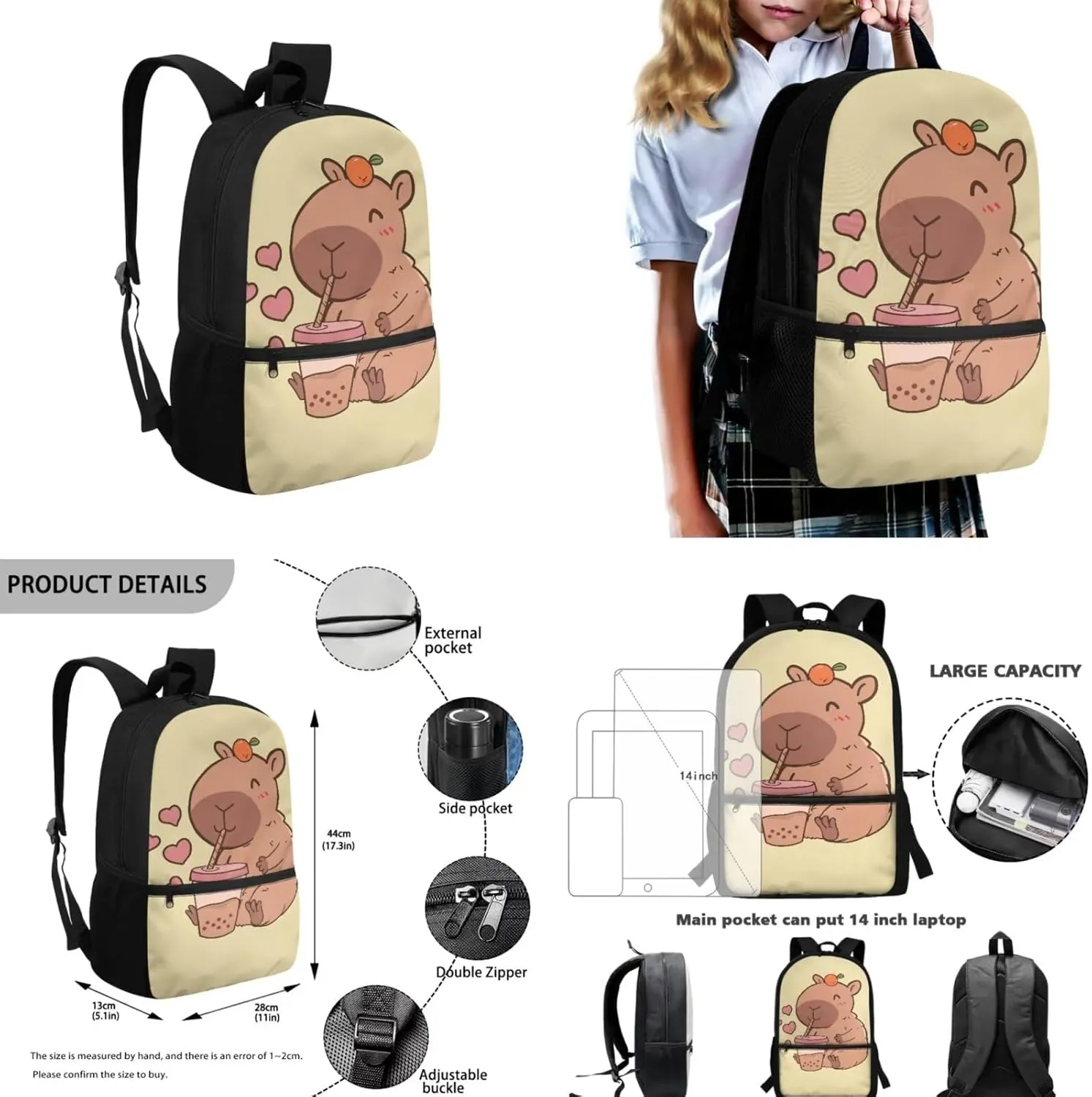 Cute Capybara Girls Backpacks Ages 8-10 with Lunchbox Lightweight School Bags for Girls with Lunch Bag Cute Pencil Cases for Middle School High School