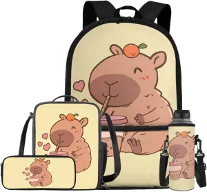 Cute Capybara Girls Backpacks Ages 8-10 with Lunchbox Lightweight School Bags for Girls with Lunch Bag Cute Pencil Cases for Middle School High School