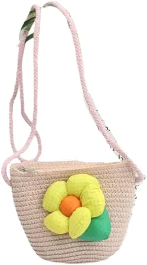 Cute Multi Colored Floral Straw Crossbody Shoulder Bag, Small Mini Purse for Girls