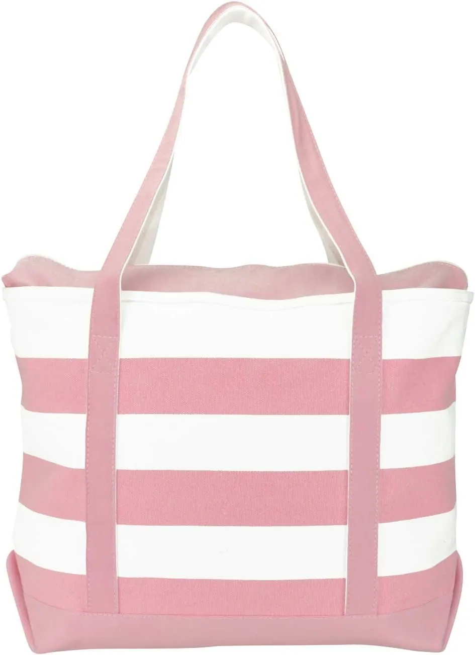 DALIX Striped Boat Tote Premium Cotton Canvas Bag in Pink