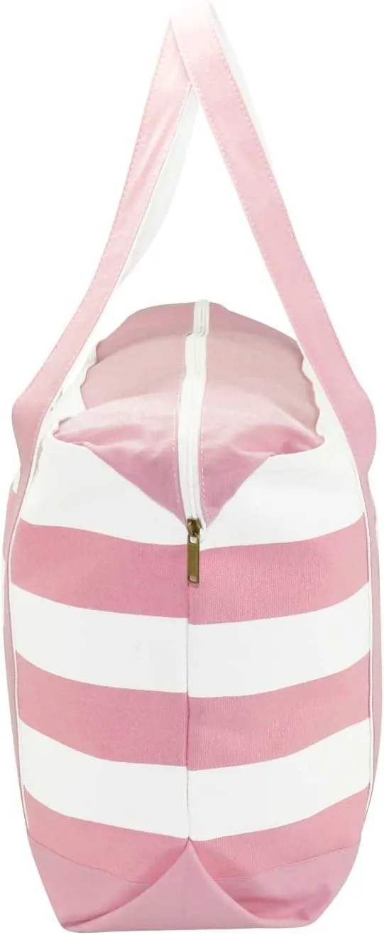 DALIX Striped Boat Tote Premium Cotton Canvas Bag in Pink