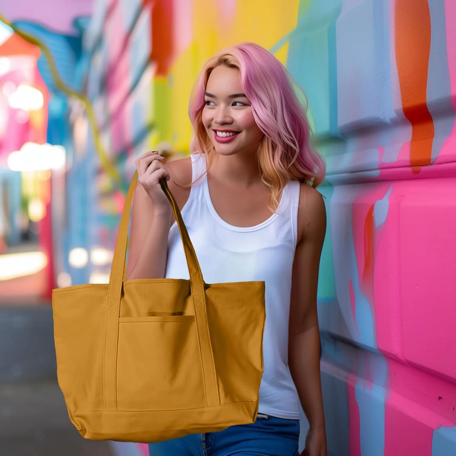 DALIX Womens 23" Deluxe 24 oz. Cotton Canvas Tote Bag Zippered in Butterscotch