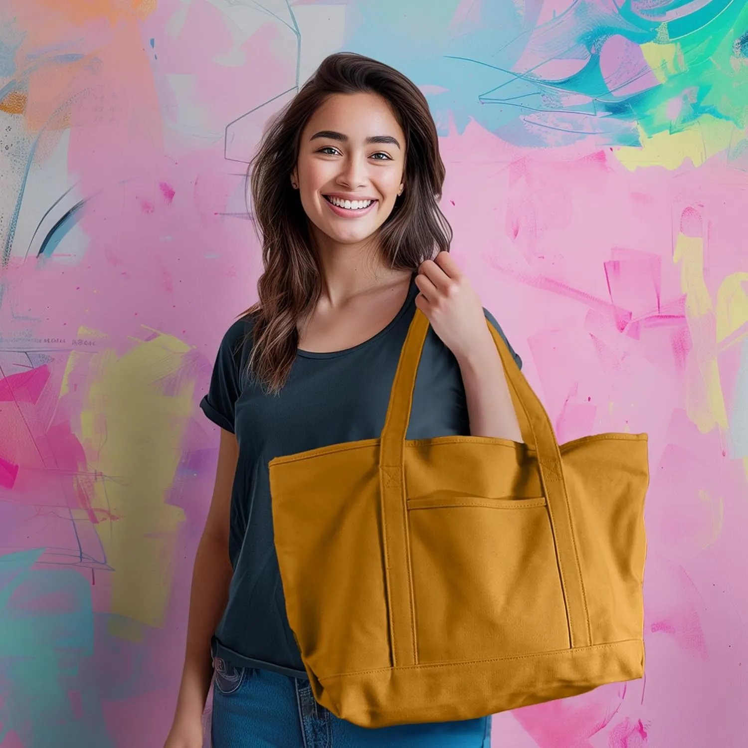 DALIX Womens 23" Deluxe 24 oz. Cotton Canvas Tote Bag Zippered in Butterscotch