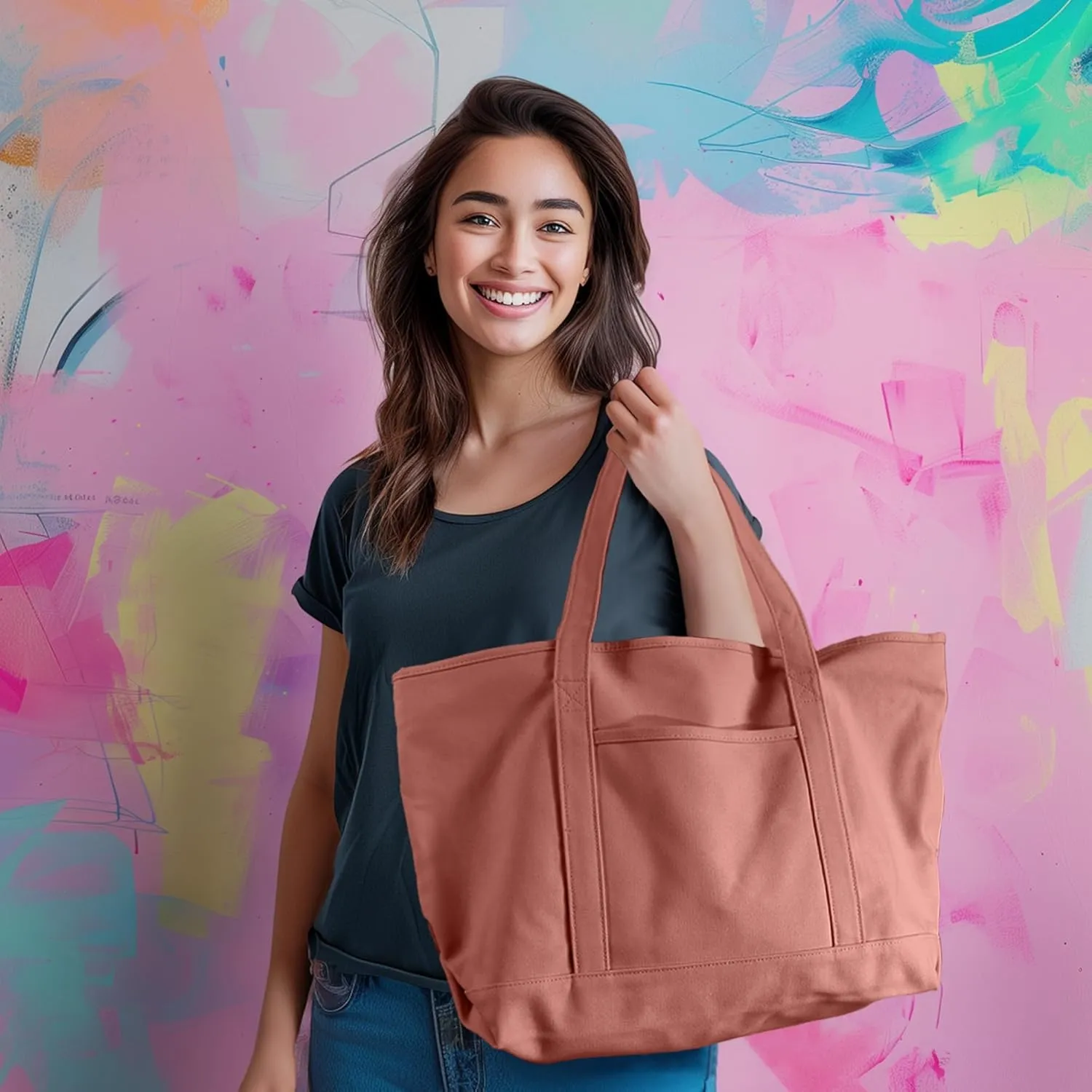 DALIX Womens 23" Deluxe 24 oz. Cotton Canvas Tote Bag Zippered in Dusty Rose