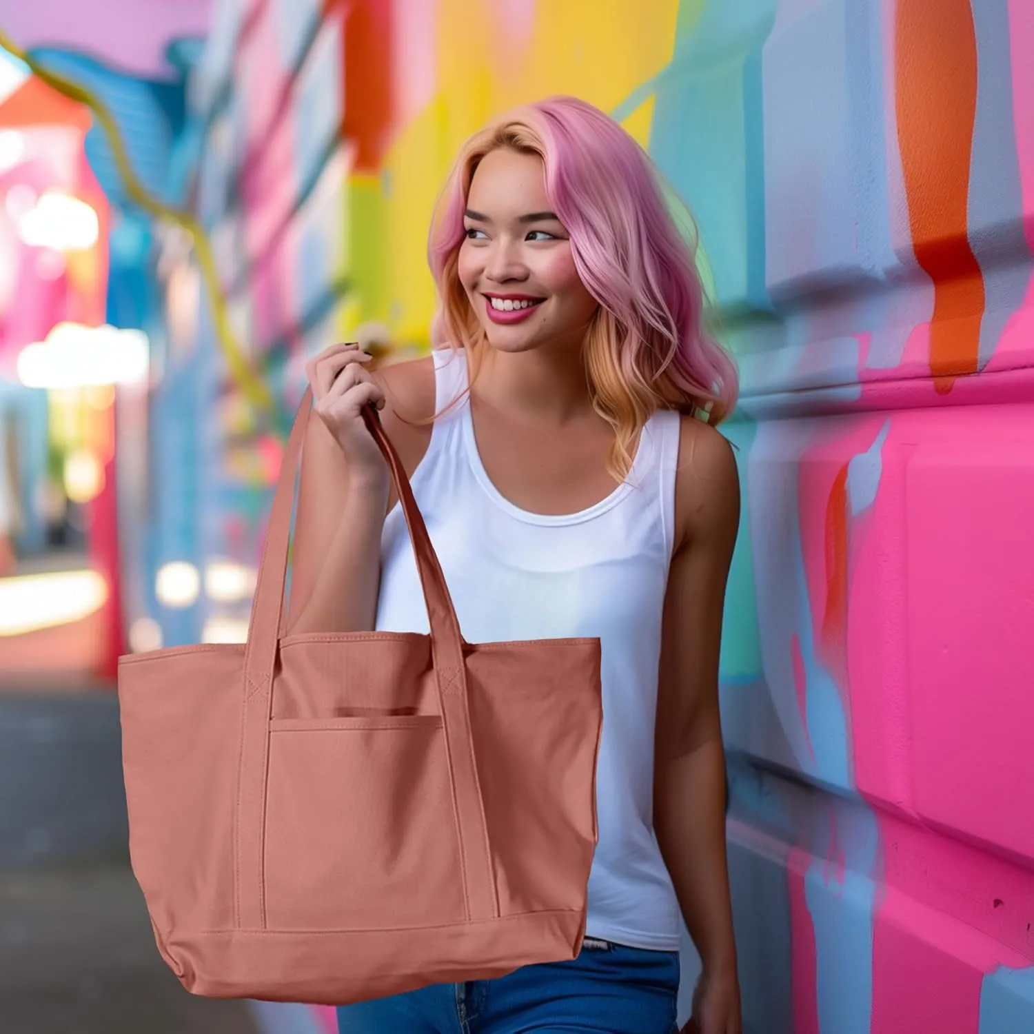 DALIX Womens 23" Deluxe 24 oz. Cotton Canvas Tote Bag Zippered in Dusty Rose