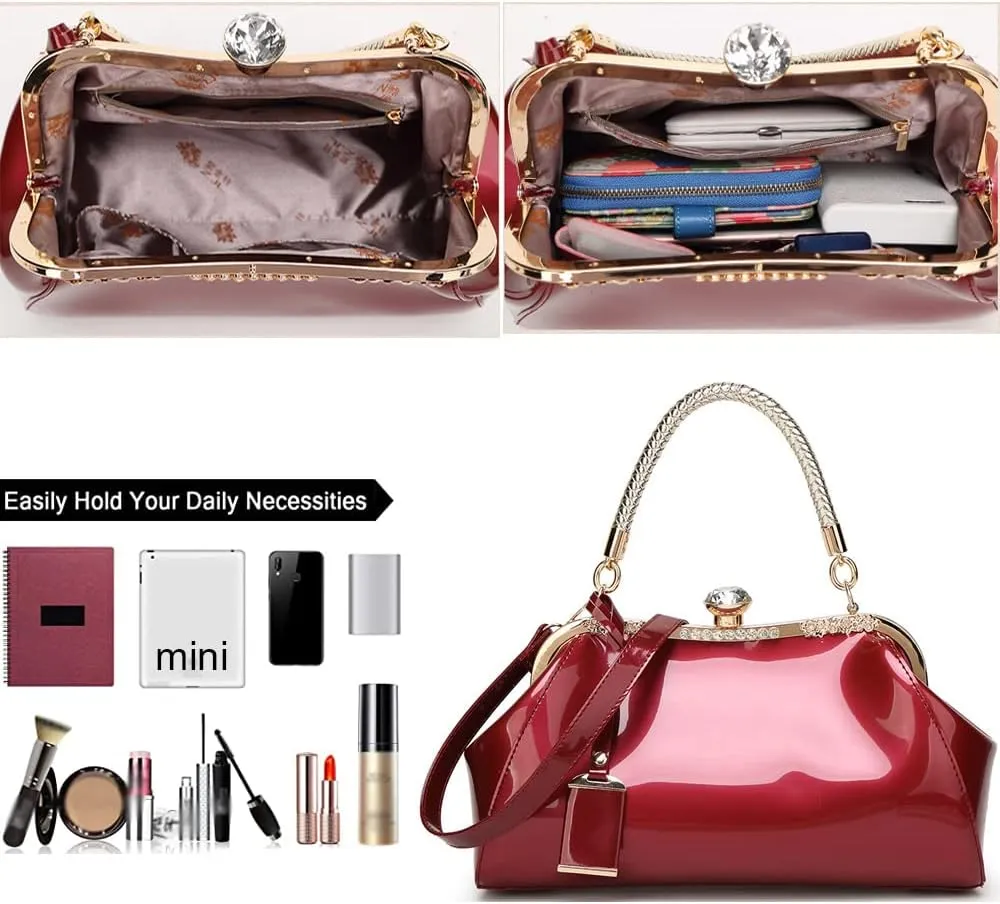 Dayfine Handbags for Women Glossy Patent Leather Top Handle Purse Crystal Buckle Satchel Bag Evening Tote Bags Shoulder Bag