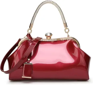 Dayfine Handbags for Women Glossy Patent Leather Top Handle Purse Crystal Buckle Satchel Bag Evening Tote Bags Shoulder Bag